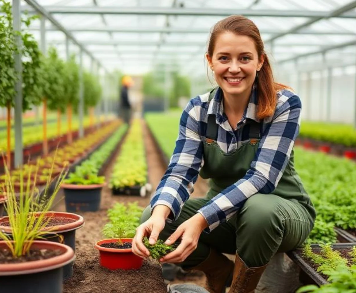 Kobieta pracująca w szklarni w odzieży roboczej przy sadzonkach