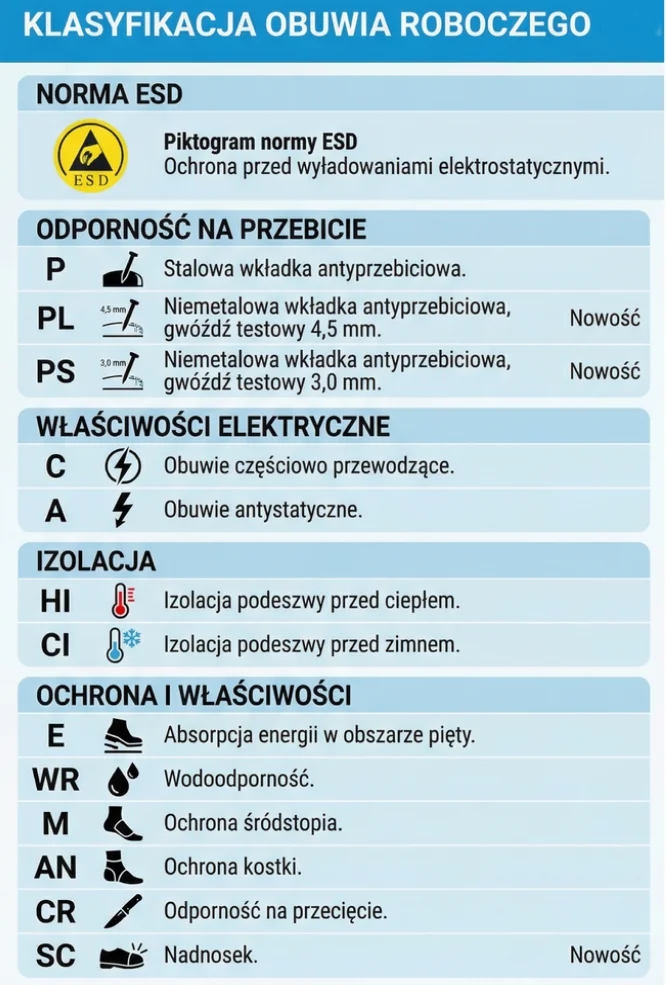 Infografika z klasyfikacją obuwia roboczego i oznaczeniami ESD, P, PL, PS, HI, CI, WR, AN, CR oraz SC
