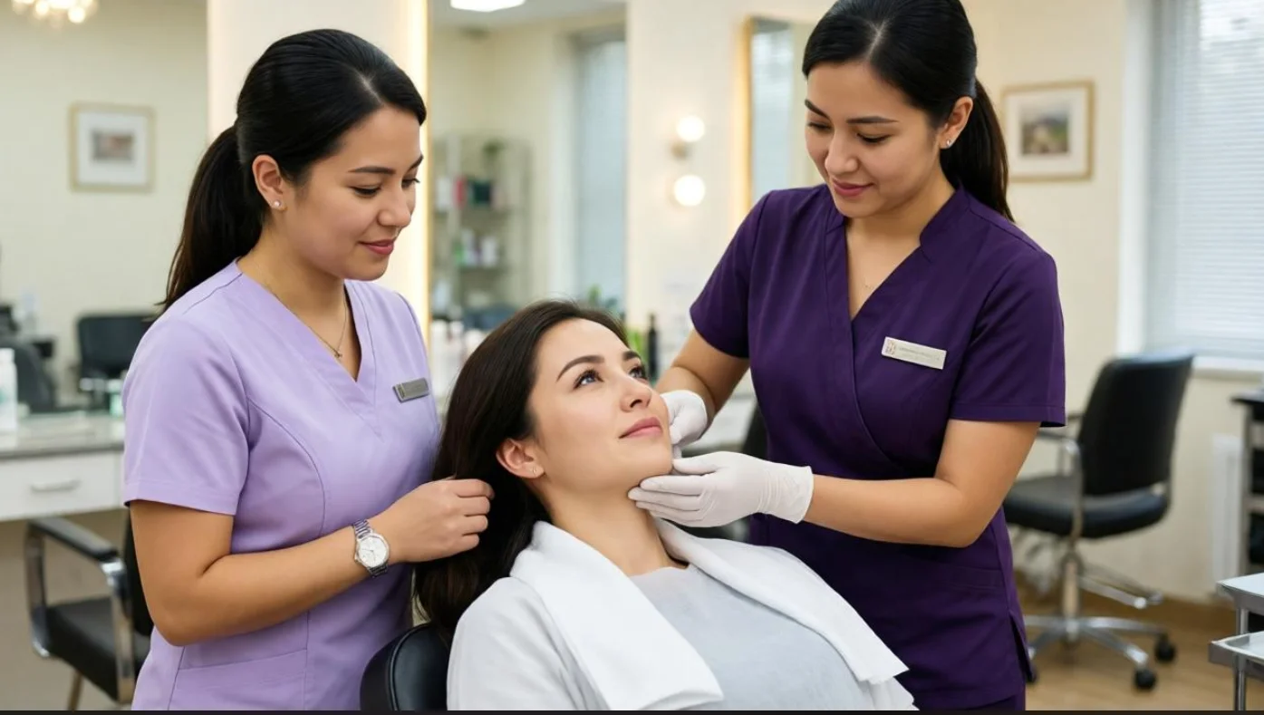 Dwie pracownice gabinetu beauty w liliowych i fioletowych uniformach medycznych przy pacjentce