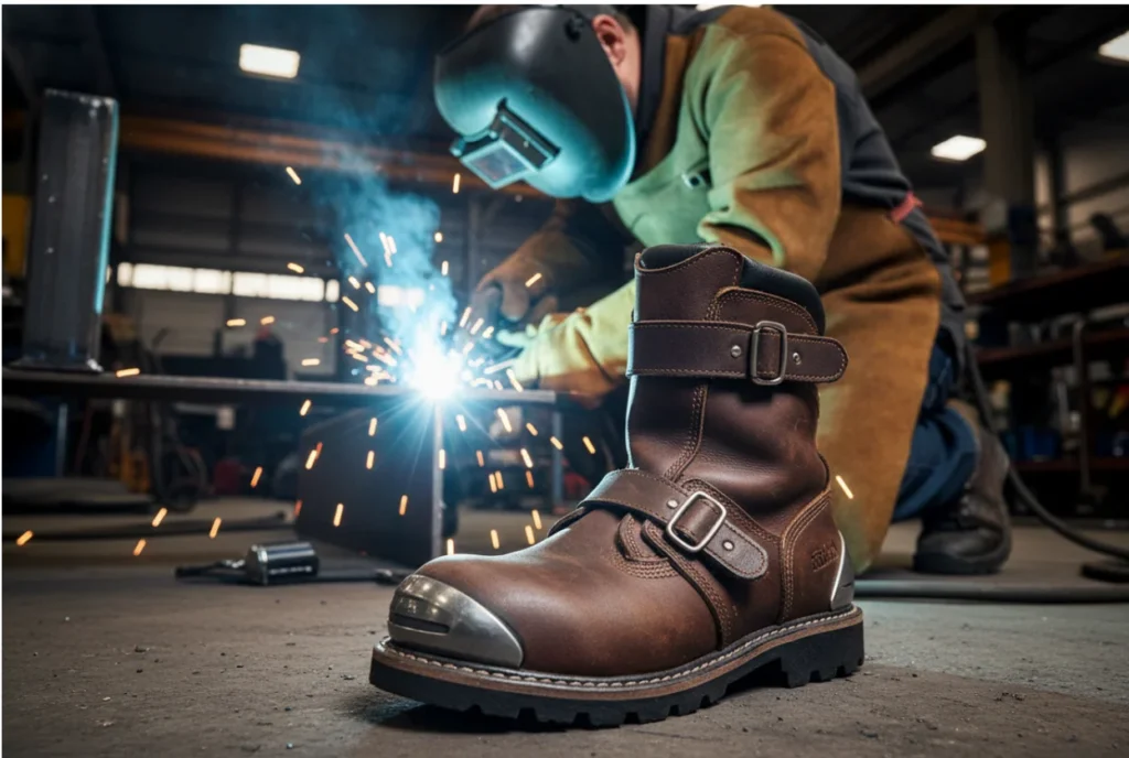 But spawalniczy z noskiem ochronnym na pierwszym planie podczas pracy spawacza