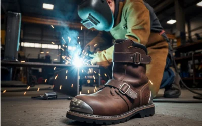 But spawalniczy z noskiem ochronnym na pierwszym planie podczas pracy spawacza