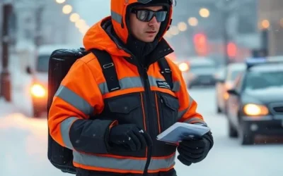 Kurier w ocieplanej kurtce odblaskowej zimą na zaśnieżonej ulicy