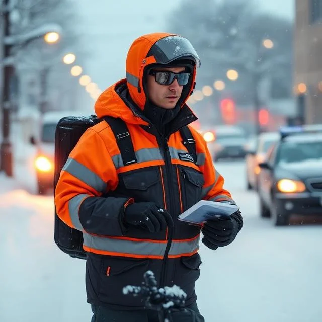 Kurier w ocieplanej kurtce odblaskowej zimą na zaśnieżonej ulicy