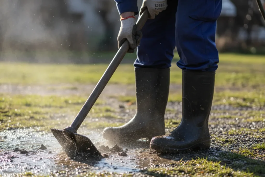 Pracownik w kaloszach czyści błoto łopatą podczas pracy na zewnątrz