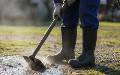 Pracownik w kaloszach czyści błoto łopatą podczas pracy na zewnątrz