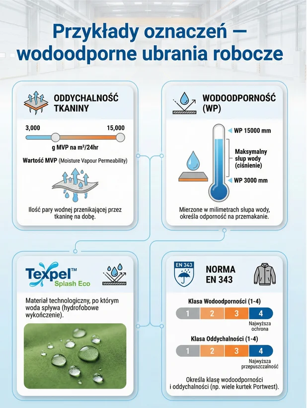 Infografika z oznaczeniami wodoodpornych ubrań roboczych i normą EN 343