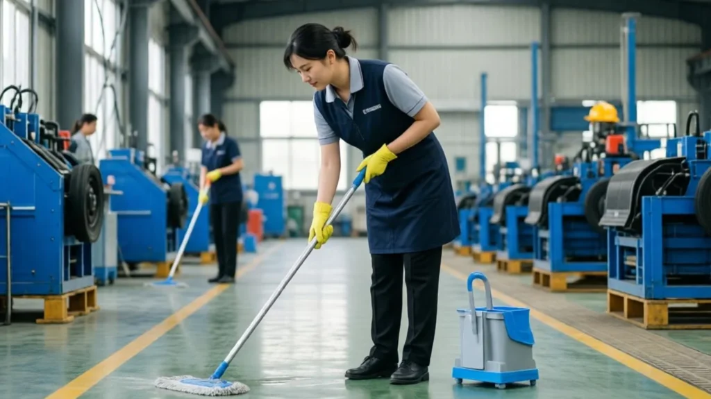 Pracownica sprzątająca halę przemysłową przy użyciu mopa i wózka serwisowego