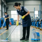 Pracownica sprzątająca halę przemysłową przy użyciu mopa i wózka serwisowego