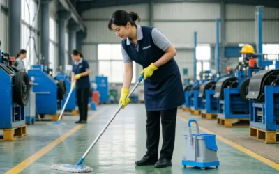 Pracownica sprzątająca halę przemysłową przy użyciu mopa i wózka serwisowego