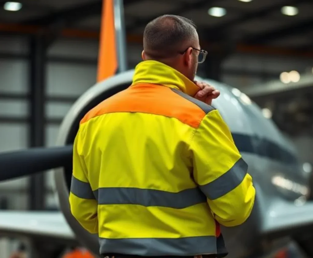 Mężczyzna w kurtce roboczej z odblaskami stojący przy samolocie