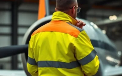 Mężczyzna w kurtce roboczej z odblaskami stojący przy samolocie