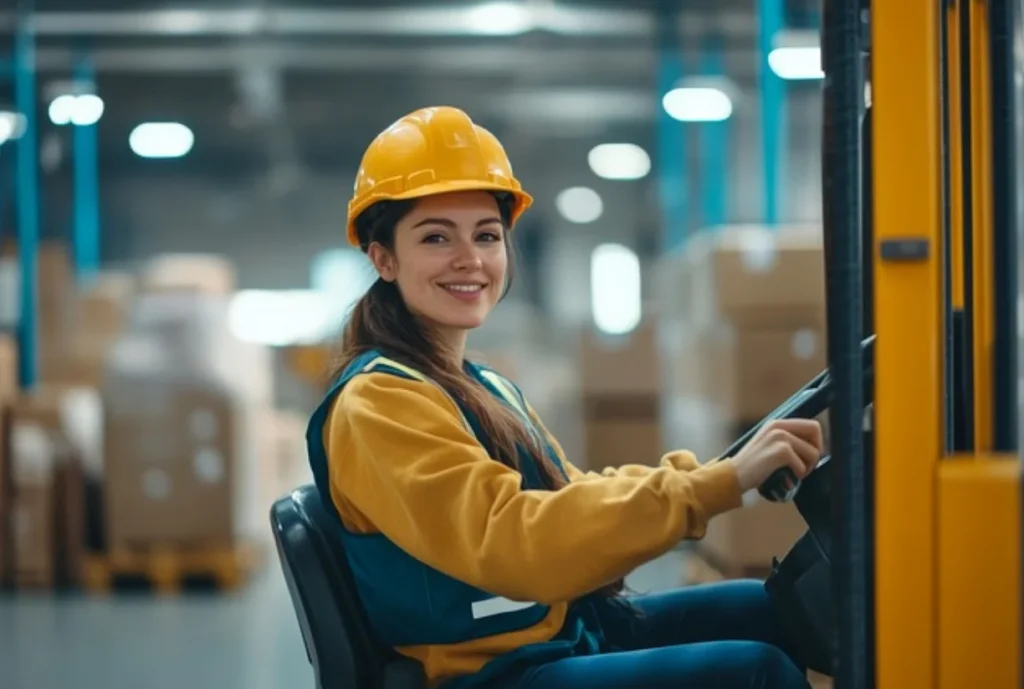 Kobieta w kasku obsługująca wózek widłowy w magazynie