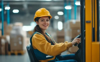 Kobieta w kasku obsługująca wózek widłowy w magazynie