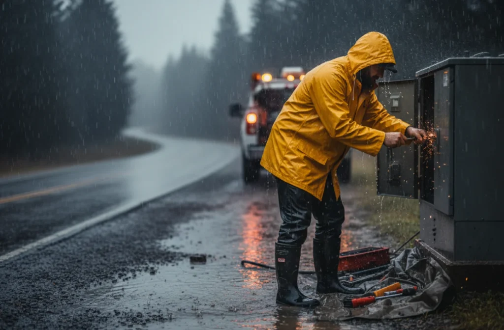 Pracownik w żółtej kurtce przeciwdeszczowej pracujący przy instalacji w deszczu przy drodze