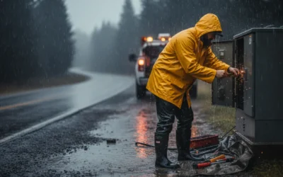 Pracownik w żółtej kurtce przeciwdeszczowej pracujący przy instalacji w deszczu przy drodze