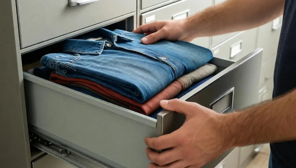 Składanie i przechowywanie odzieży roboczej w szufladzie magazynowej