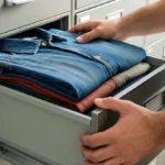 Składanie i przechowywanie odzieży roboczej w szufladzie magazynowej