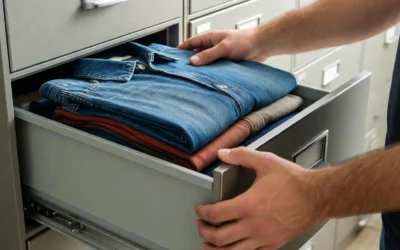 Składanie i przechowywanie odzieży roboczej w szufladzie magazynowej