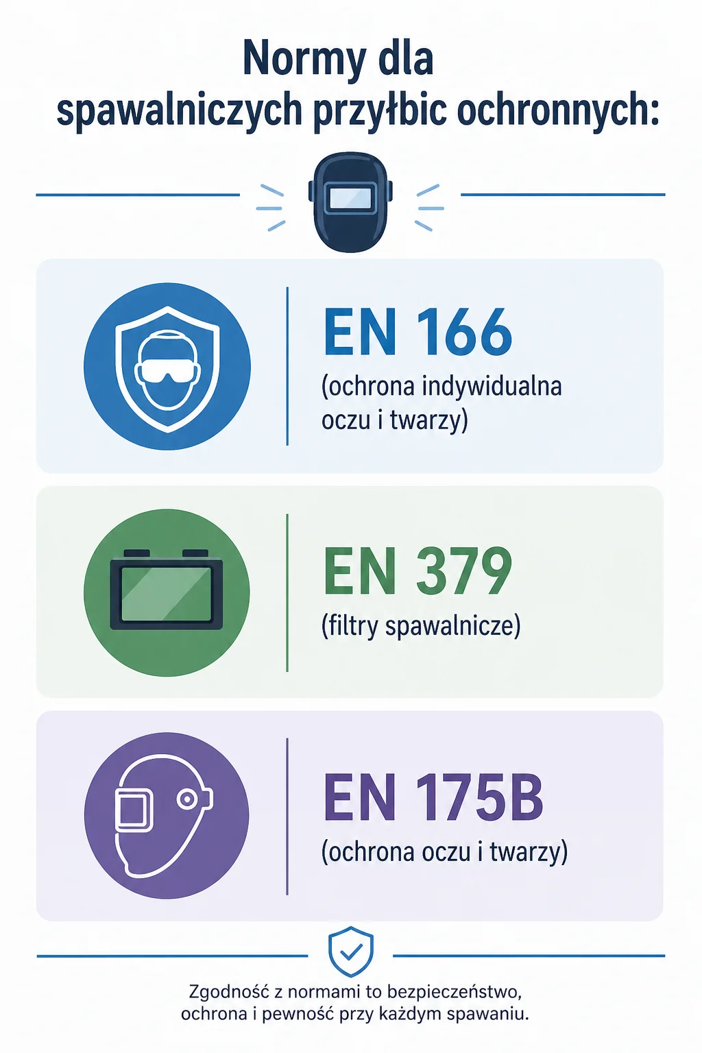 Infografika przedstawiająca normy dla spawalniczych przyłbic ochronnych, w tym EN 166, EN 379 i EN 175