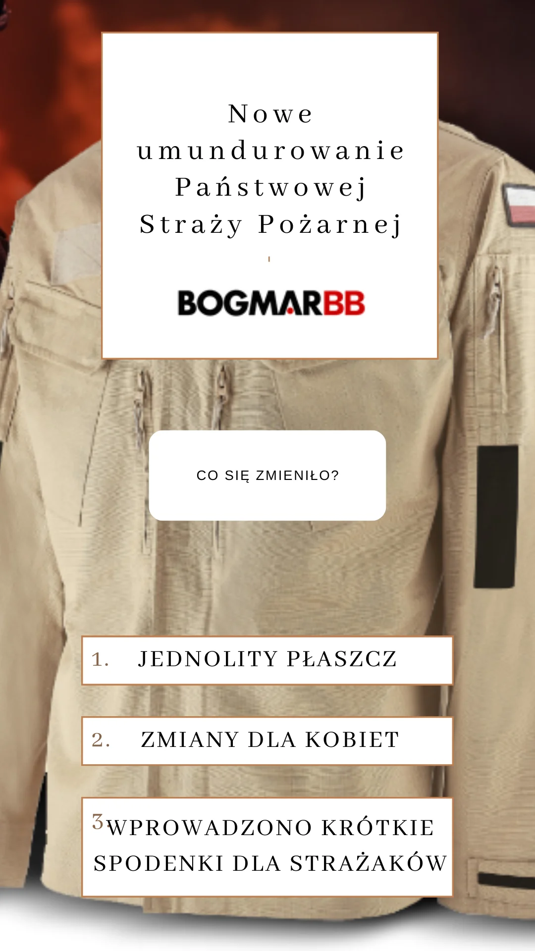 Grafika artykułu o nowych uniformach Państwowej Straży Pożarnej, zmianach w mundurach PSP i odzieży służbowej