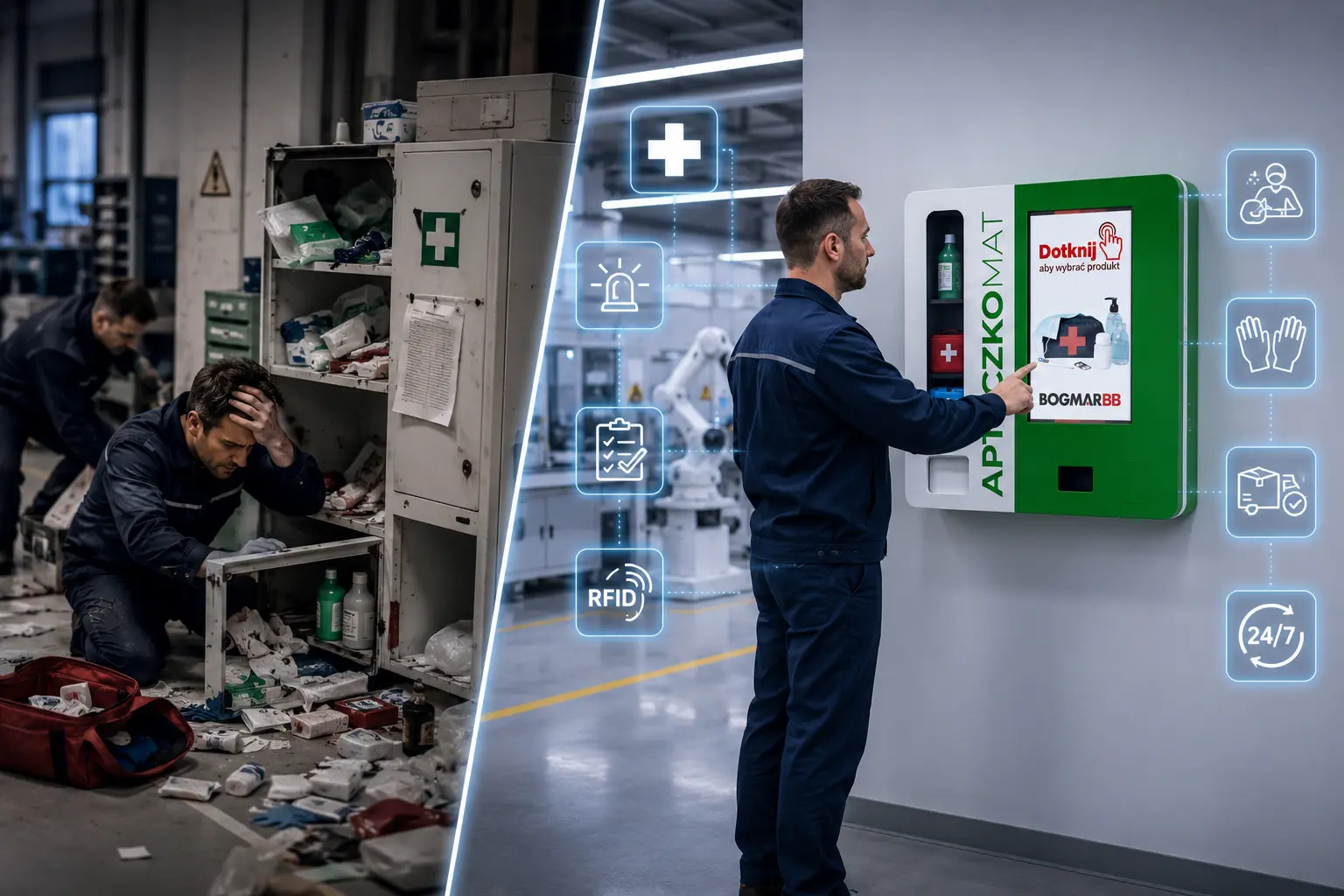Apteczkomat – Smart Factory, Industry 4.0 i bezpieczeństwo pracowników Porównanie chaosu wokół apteczek i środków pierwszej pomocy z Apteczkomatem, który automatyzuje wydawanie produktów, prowadzi ewidencję pobrań, monitoruje stany magazynowe, wspiera procedury BHP i zapewnia dostępność 24/7