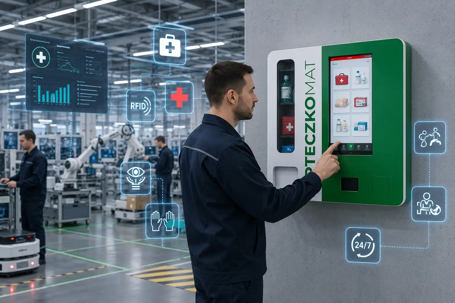 Apteczkomat – RFID, pierwsza pomoc 24/7 i kontrola pobrań Apteczkomat z RFID do szybkiego i kontrolowanego wydawania środków pierwszej pomocy, apteczek, plastrów, bandaży, rękawic i PPE z dostępnością 24/7 oraz kontrolą pobrań