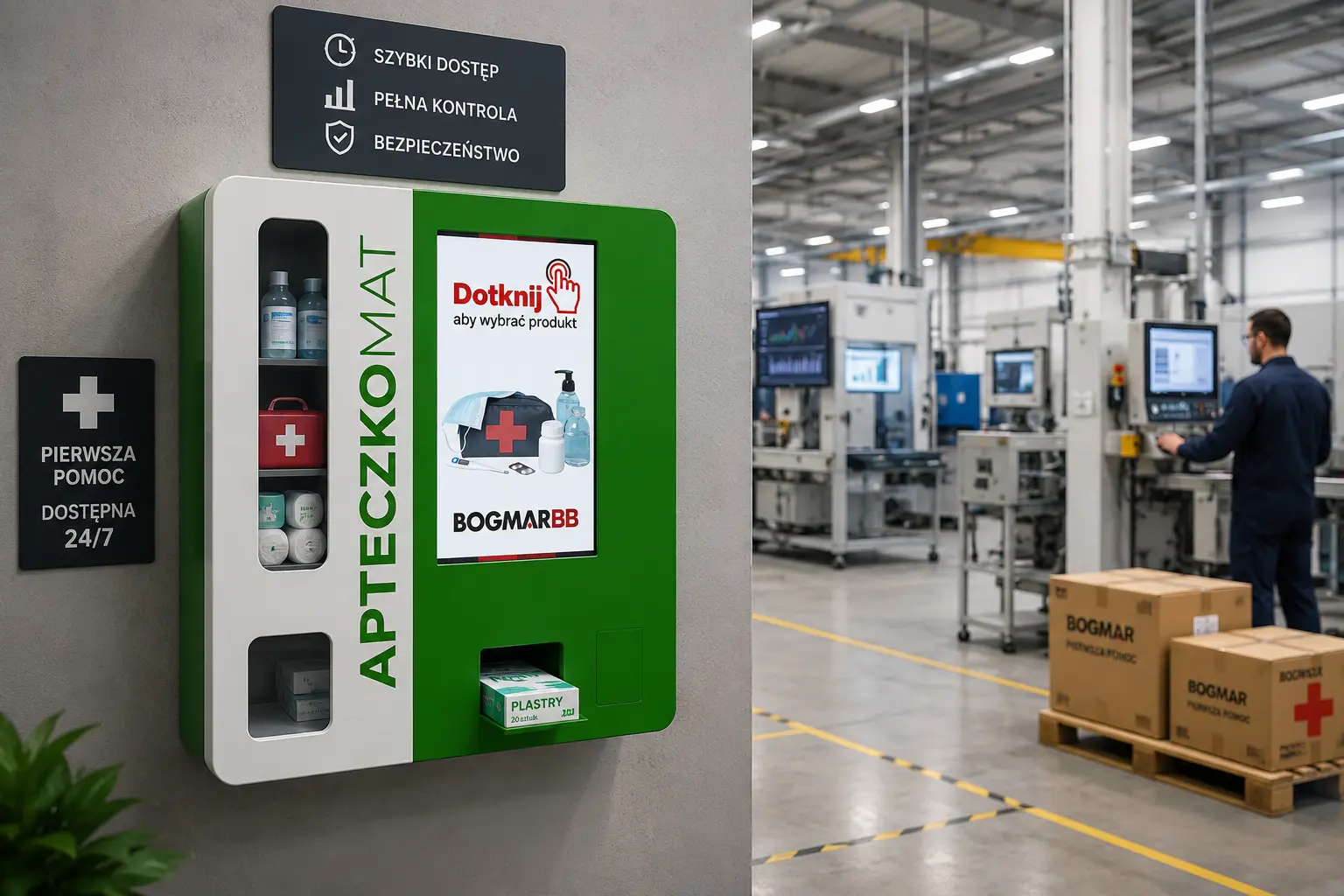 apteczkomat-smart-factory-industry-4-0-rfid-bezpieczenstwo Apteczkomat dla Smart Factory i Industry 4.0 do cyfrowego zarządzania bezpieczeństwem pracowników, z RFID, dashboardami bezpieczeństwa, automatycznymi raportami, analizą pobrań i dostępem do środków pierwszej pomocy 24/7