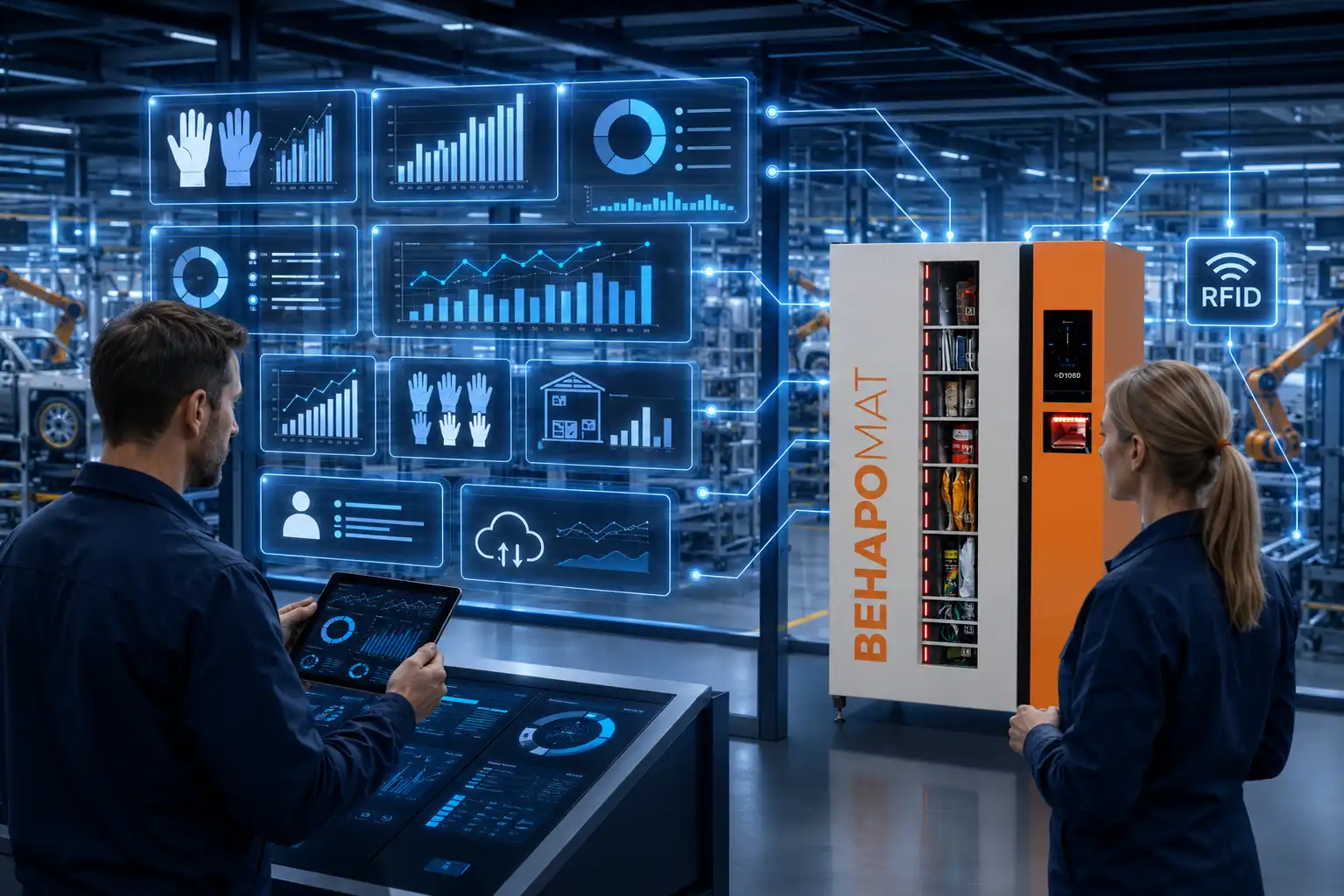 Behapomat z systemem analizy kosztów PPE, monitoringiem zużycia rękawic, RFID, kontrolą pobrań według pracowników i raportowaniem zużycia środków BHP