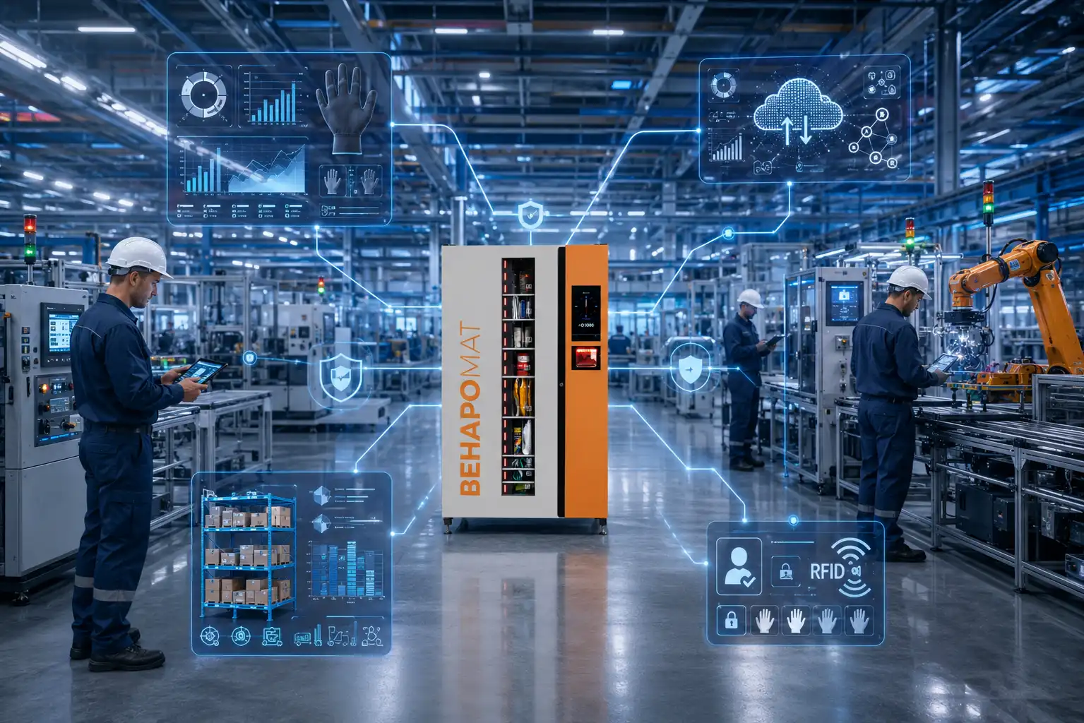 Behapomat rejestrujący pobrania PPE z RFID, historią wydań, kontrolą stanów magazynowych, monitoringiem zużycia rękawic i raportowaniem w zakładzie produkcyjnym