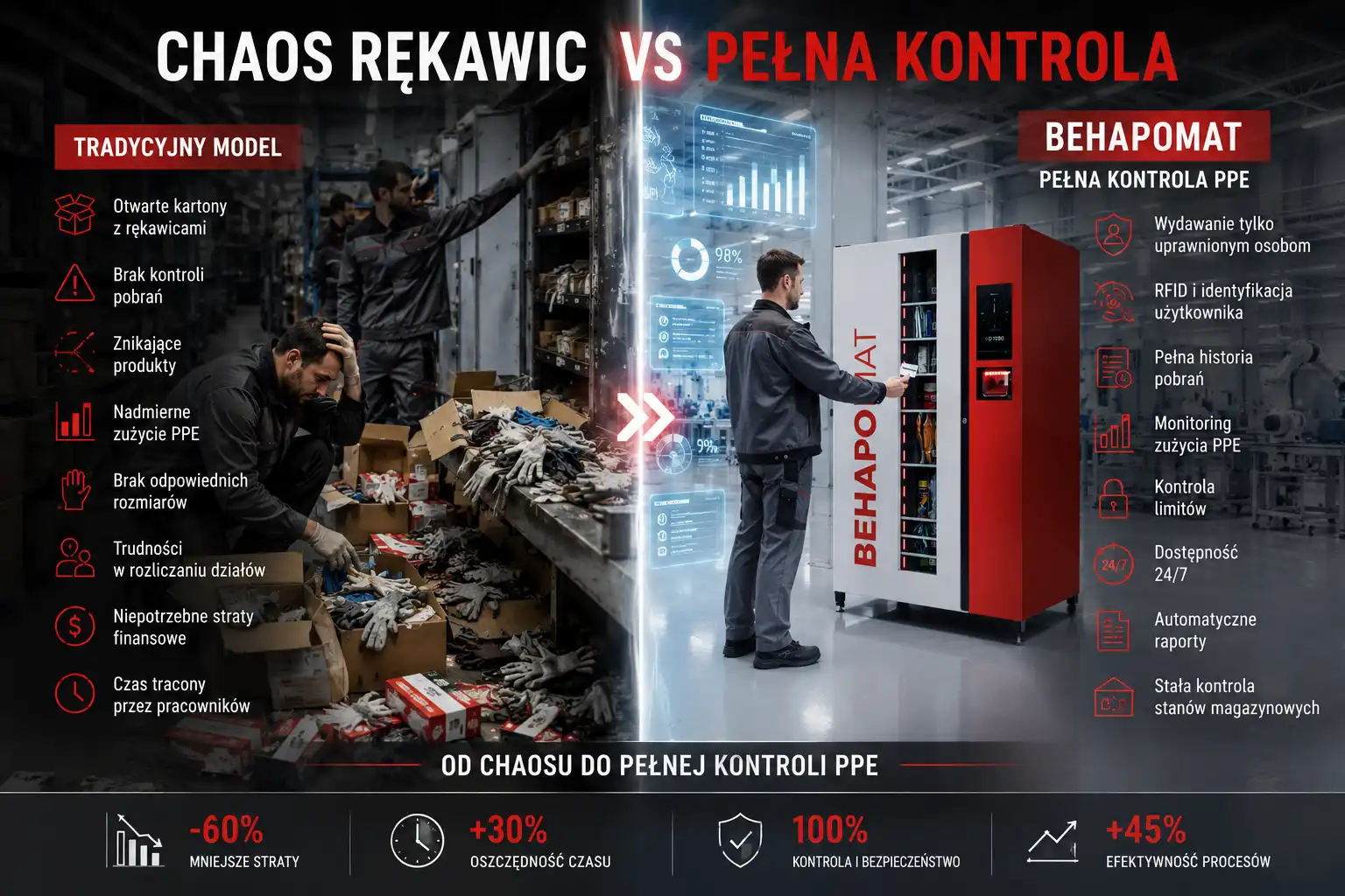Behapomat jako automat do wydawania środków BHP i PPE z RFID, kontrolą pobrań, dostępnością 24/7, automatycznymi raportami oraz monitoringiem zużycia rękawic i wyposażenia ochronnego