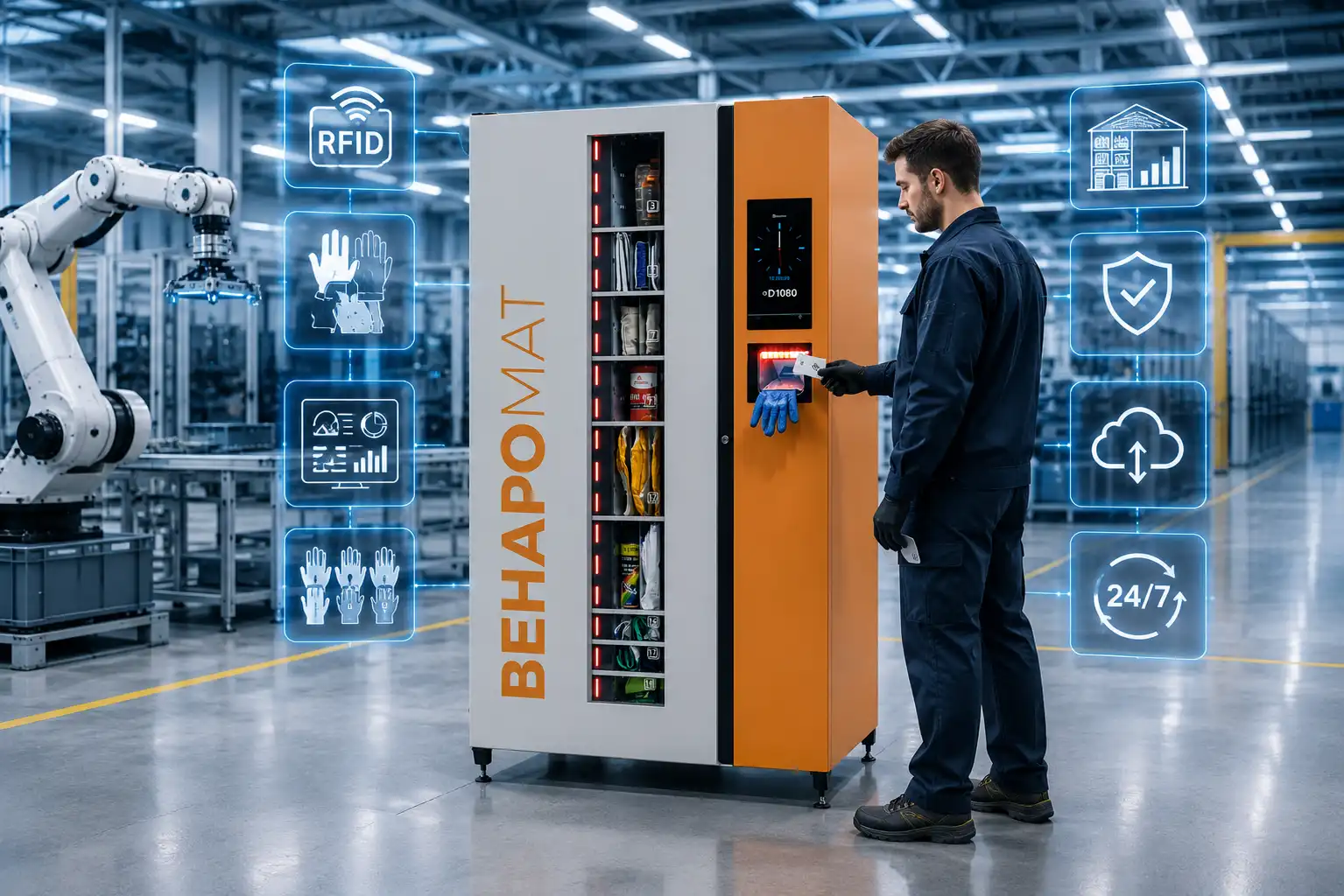 Behapomat z RFID do szybkiego wydawania artykułów BHP i PPE, identyfikacji użytkownika, kontroli dostępu, ustawiania limitów i integracji z systemami firmy